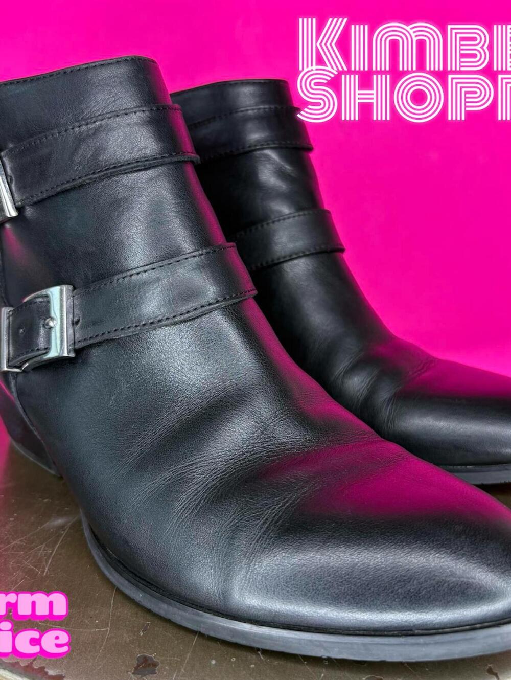 Franco Sarto Quartet Black Leather Double Buckle Strap Heeled Ankle Boot US 8.5